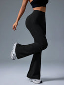 Sport Calça Feminina Casual de Cintura Alta com Cor Sólida e Perna Flare