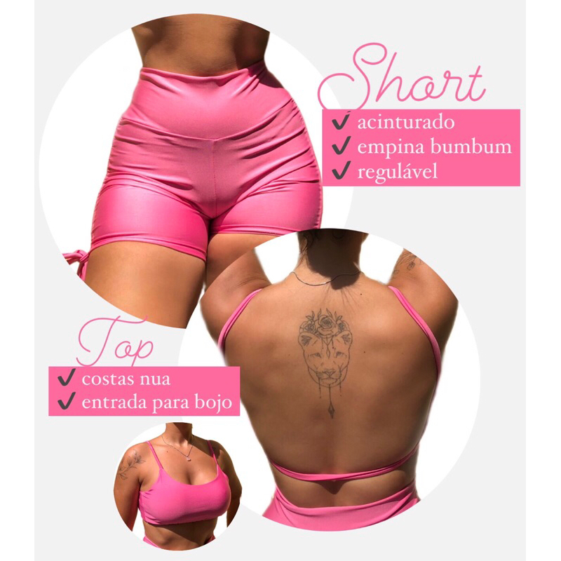 conjunto de academia short regulável empina bumbum top costas nua entrada para bojo liso
