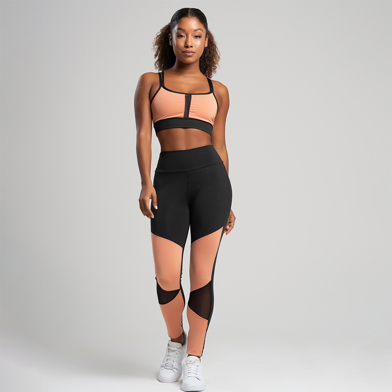 Conjunto move calça legging fitness de tule e top com detalhe em tule de academia
