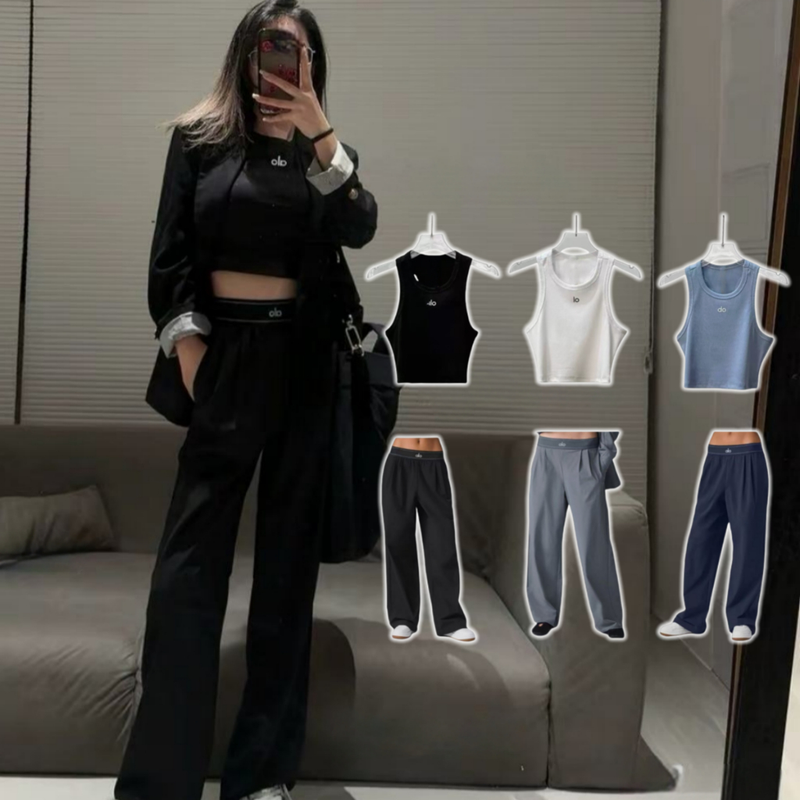 Conjunto De yoga Calças Compridas Femininas + Moda Cortada Roupas De 2 Peças Regata De Tricô Com Rosca