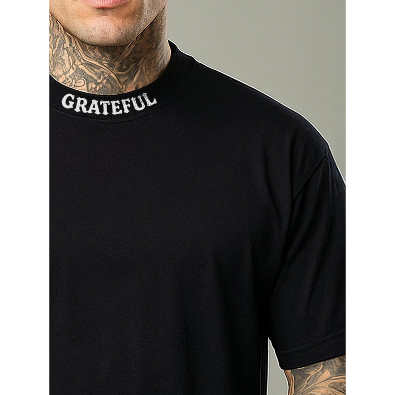 Camiseta Oversized 100% Algodão Penteado Gola Alta Canelada Estampa Blessed & Grateful