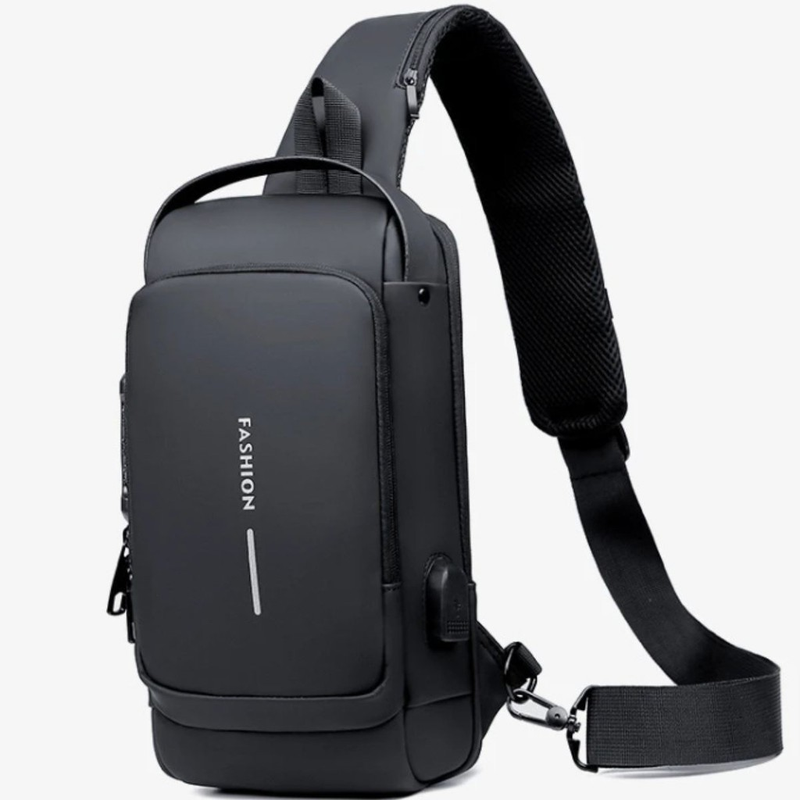 Mochila de Ombro Transversal Compacta Unilateral USB Trava de Código Resistente água